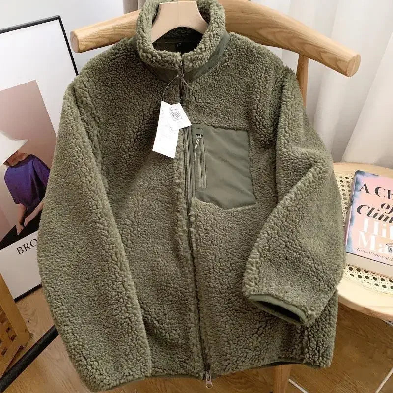 Autumn and Winter Japanese Men's and Women's Fleece Stand Neck Jacket Couple Zipper Loose Warm Lamb Wool Coat Solid Color Jacket