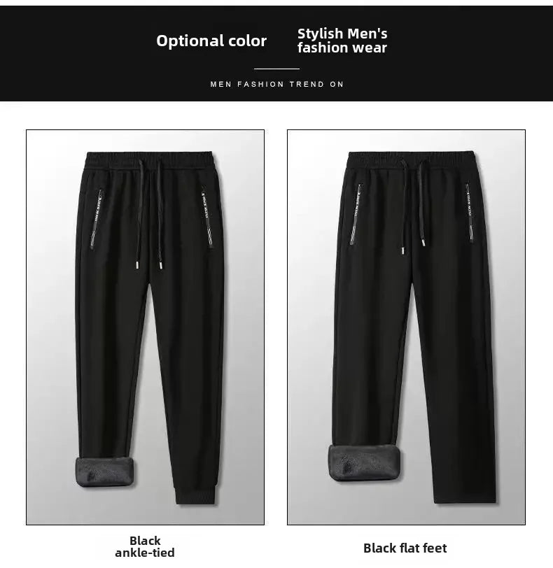 Autumn Winter Men's Loose-fit Casual Straight-leg Pants Fleece-lined Thickened Bunded Feet Sweatpants Trendy Male Style