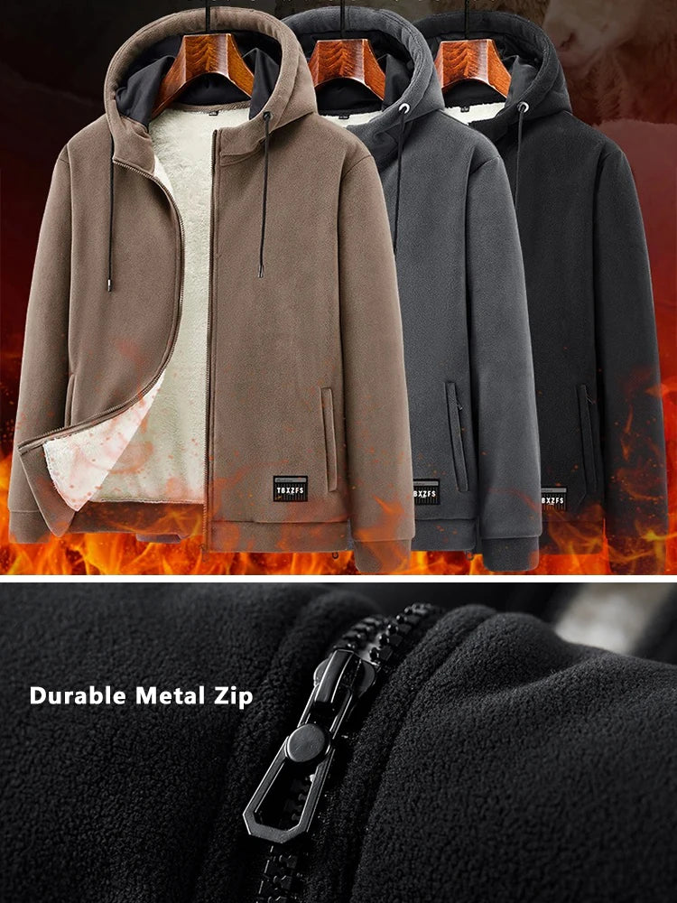 Men's Winter Fleece Jacket with Zip Pockets Classic Style Windproof Thickened Warm Hoody Coat Plus Size 6XL 7XL 8XL