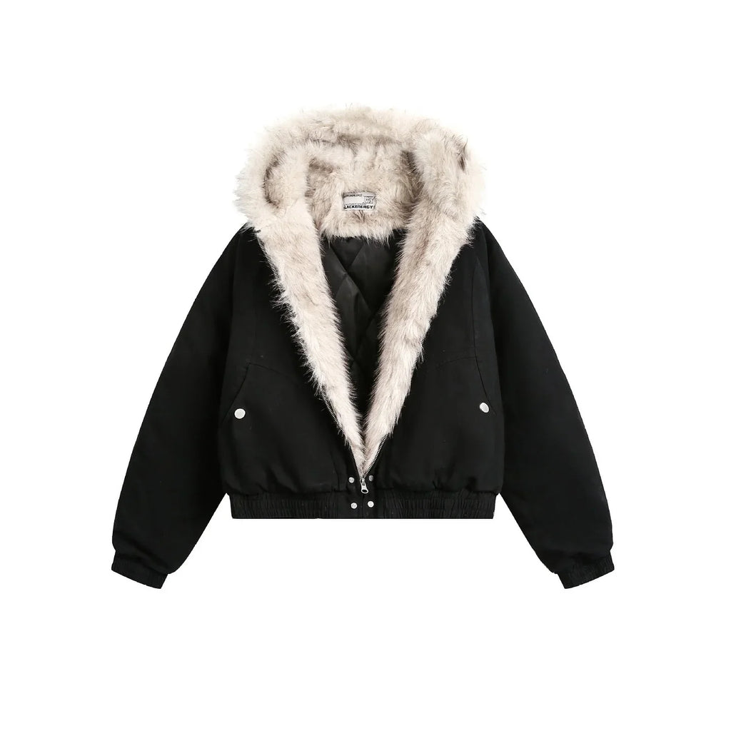 American Harajuku Warm Jacket Mens and Womens Retro Simple Plush Jacket with New Loose Leather Motorcycle Punk Fur Collar Jacket