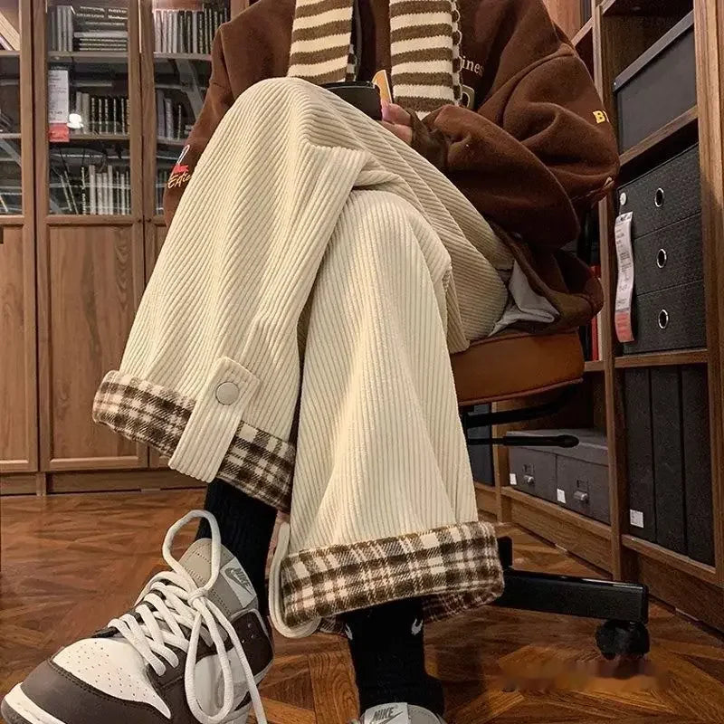 Japanese Style Corduroy Plaid Men's Pants Wide Leg Straight Leg Loose Fit Vintage Sensibility Casual Trousers For Autumn