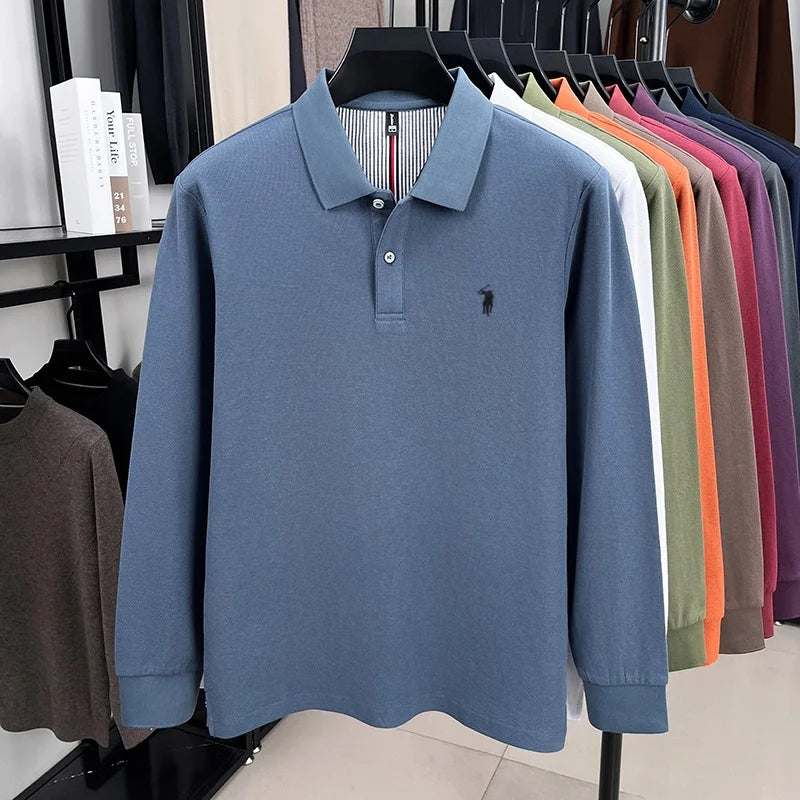 100% pure cotton high-end brand men's long sleeved polo shirt autumn fashion new luxurious pony Paul embroidery top golf T-shirt