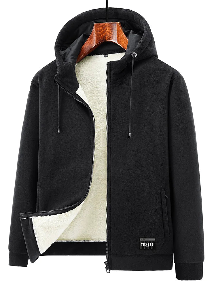 Men's Winter Fleece Jacket with Zip Pockets Classic Style Windproof Thickened Warm Hoody Coat Plus Size 6XL 7XL 8XL