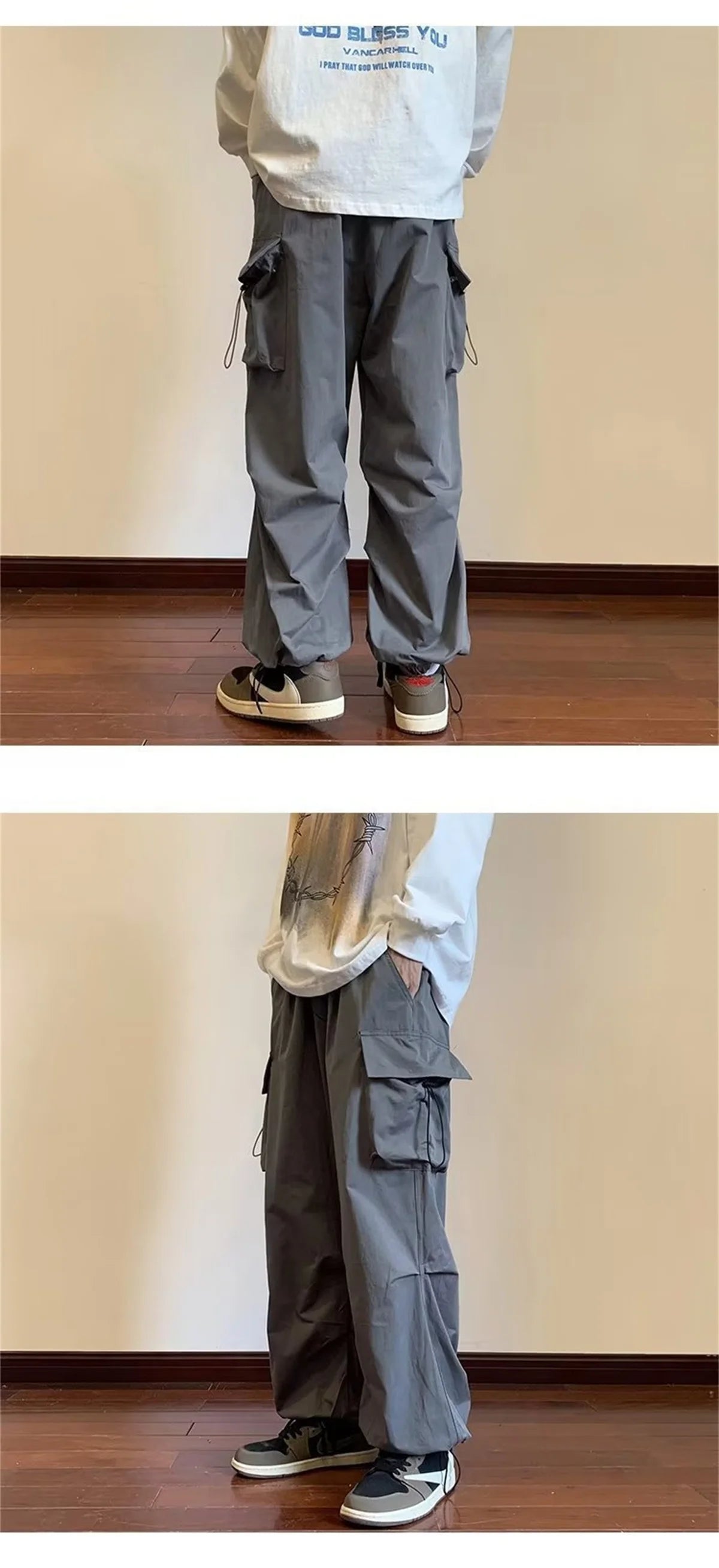 Streetwear 2024 Spring Harem Casual Pants Men Elastic Waist Solid Color Cargo Pants Multi Pocket Loose Baggy Pants For Women