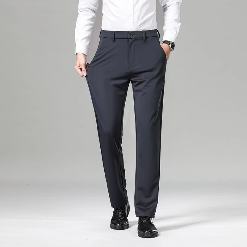 OUSSYU Brand Winter Men's Stretch Pants Business Work Formal Classic Solid Color Loose Straight Grey Trousers Men Plus Size 40