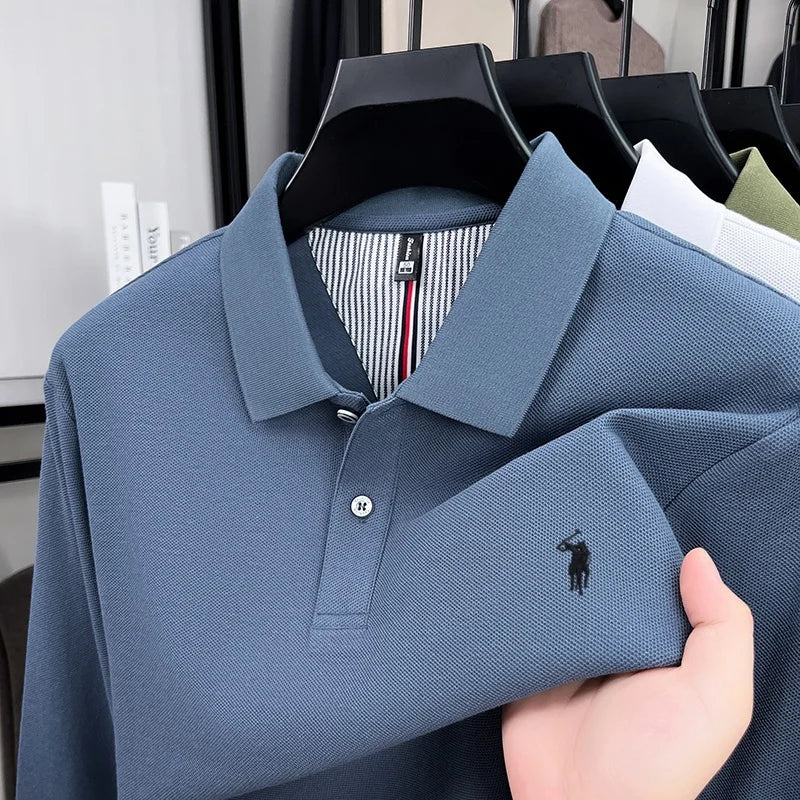 100% pure cotton high-end brand men's long sleeved polo shirt autumn fashion new luxurious pony Paul embroidery top golf T-shirt
