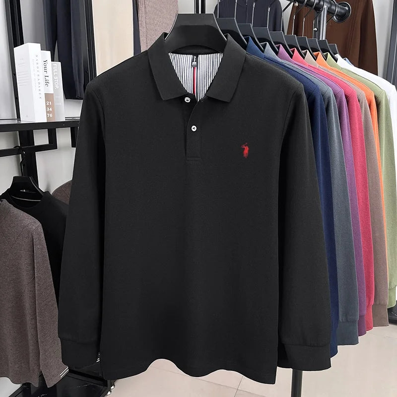 100% pure cotton high-end brand men's long sleeved polo shirt autumn fashion new luxurious pony Paul embroidery top golf T-shirt