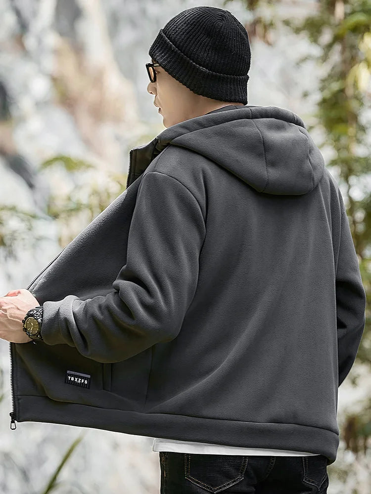 Men's Winter Fleece Jacket with Zip Pockets Classic Style Windproof Thickened Warm Hoody Coat Plus Size 6XL 7XL 8XL