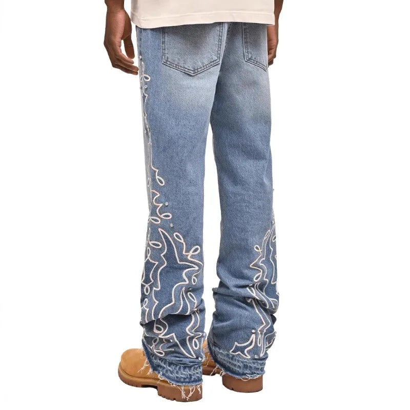Men's Jeans 2025 Streetwears Straight Jeans Full Length Denim Pants Slight Strech Embroidery Loose Fashion Embroidery  Man Jeans