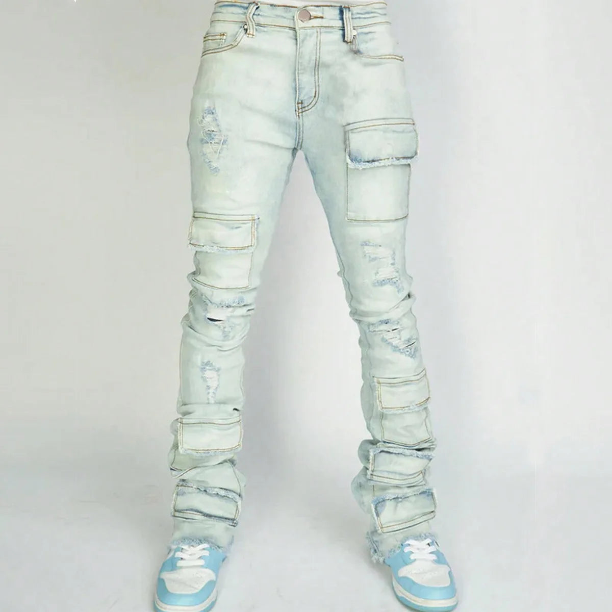 Men's Denim Pants Fashion High Street Jeans Zipper Fly American Straight Full Length Slight Strech Ripped Hole Stonewashed Jeans