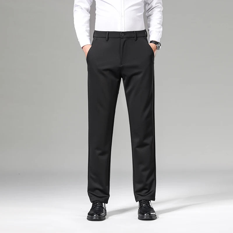 OUSSYU Brand Winter Men's Stretch Pants Business Work Formal Classic Solid Color Loose Straight Grey Trousers Men Plus Size 40