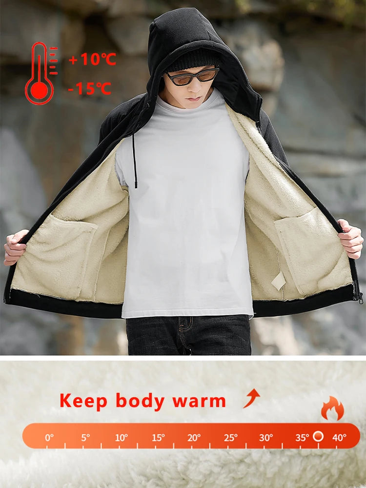 Men's Winter Fleece Jacket with Zip Pockets Classic Style Windproof Thickened Warm Hoody Coat Plus Size 6XL 7XL 8XL