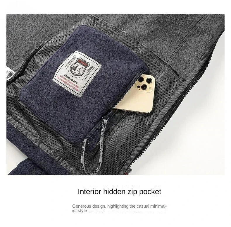 Winter Warm Fleece Jacket Men's Climbing Double Thickened Pocket Jacket Outdoor High Collar Windproof Ski Sweatshirt Coat Men