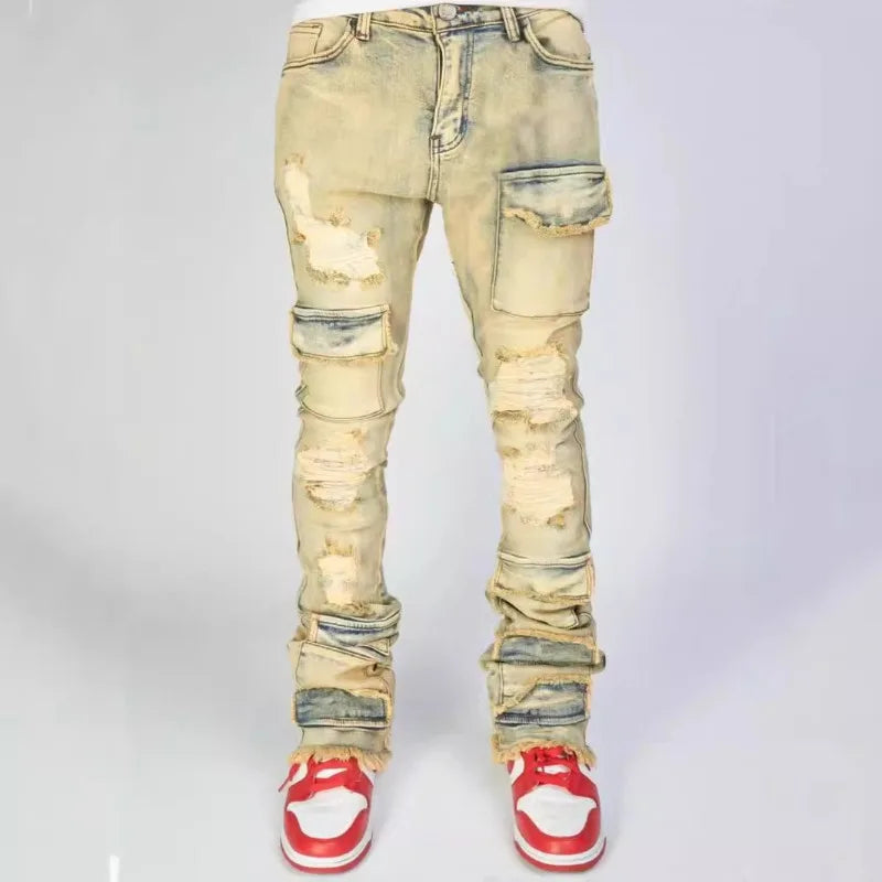 Men's Denim Pants Fashion High Street Jeans Zipper Fly American Straight Full Length Slight Strech Ripped Hole Stonewashed Jeans