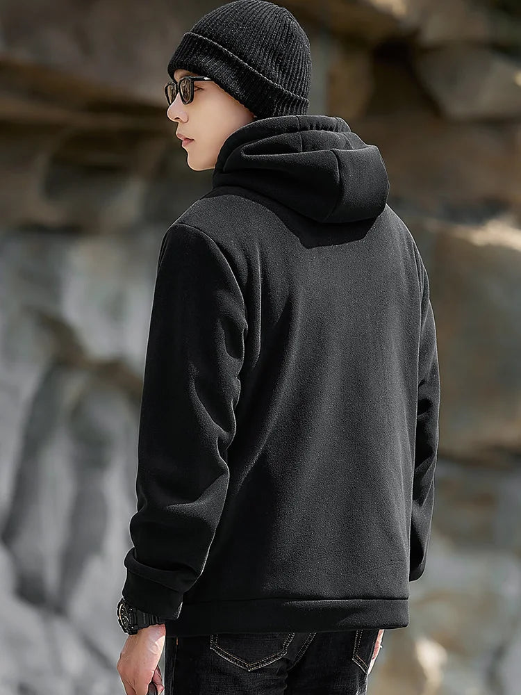 Men's Winter Fleece Jacket with Zip Pockets Classic Style Windproof Thickened Warm Hoody Coat Plus Size 6XL 7XL 8XL