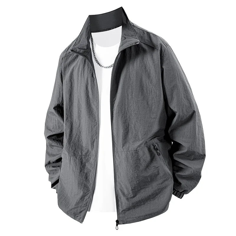 Men's Jacket Full Zip Up Work Jackets Stand Collar Casual Windbreaker Lightweight Long Sleeve Coats Outdoor Zip Up Streetwear