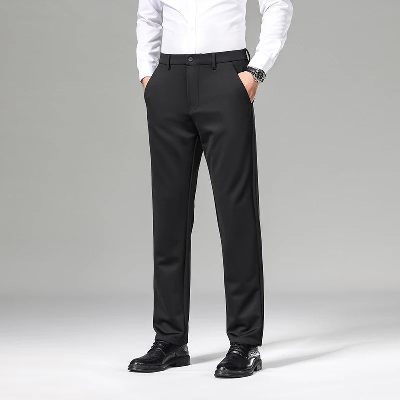 OUSSYU Brand Winter Men's Stretch Pants Business Work Formal Classic Solid Color Loose Straight Grey Trousers Men Plus Size 40