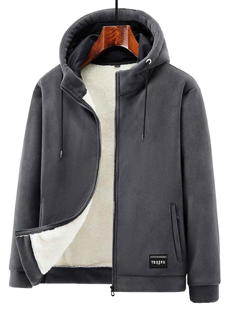 Men's Winter Fleece Jacket with Zip Pockets Classic Style Windproof Thickened Warm Hoody Coat Plus Size 6XL 7XL 8XL