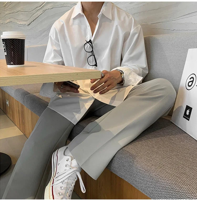 100% Polyester Loose Style Men Shirt Long Sleeve High-end Gray Light-ready Western Suit Innerwear Oversize Trendy