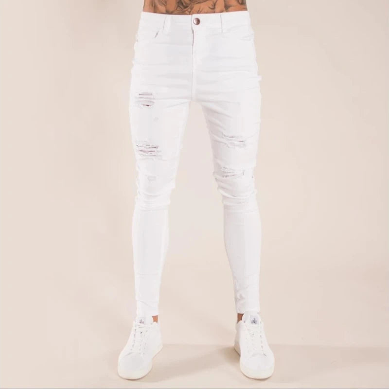 Men's Jeans Ripped Full Length Denim Pants Casual Strech Four Seasons Skinny Pencil Pants Slim America Washed Distressed Jeans
