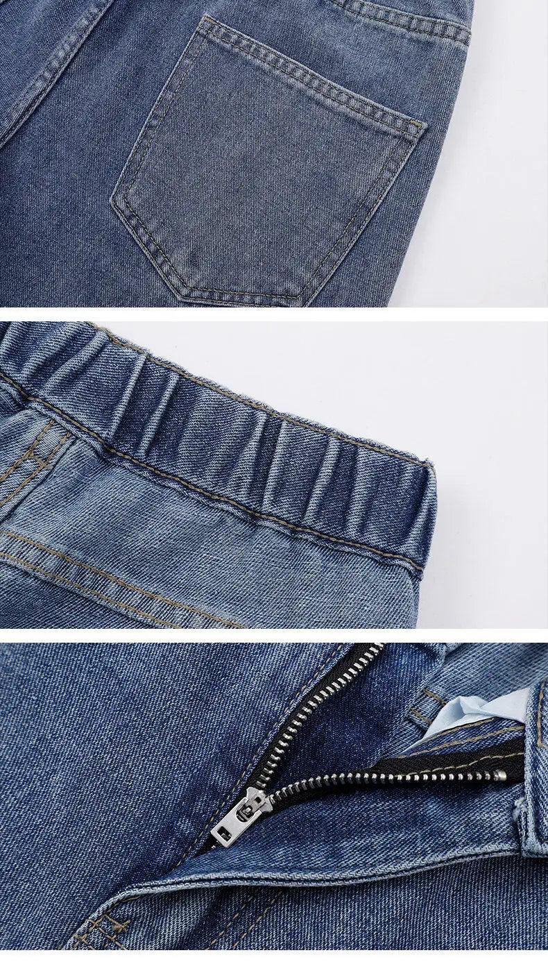 2025 New Korean Men Casual Long Straight Jeans Wide Leg Denim Pants Solid Color Light Blue Grey Black