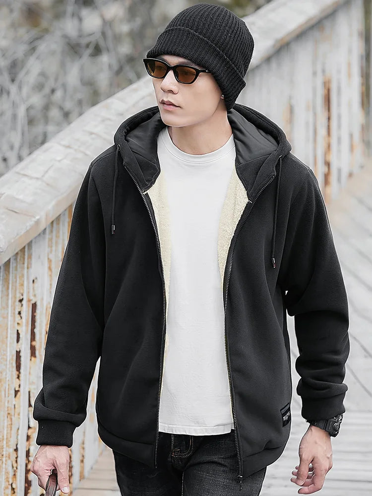 Men's Winter Fleece Jacket with Zip Pockets Classic Style Windproof Thickened Warm Hoody Coat Plus Size 6XL 7XL 8XL