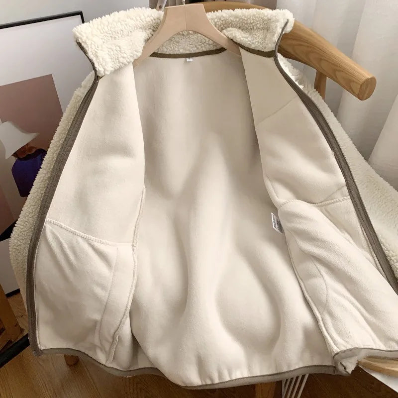 Autumn and Winter Japanese Men's and Women's Fleece Stand Neck Jacket Couple Zipper Loose Warm Lamb Wool Coat Solid Color Jacket