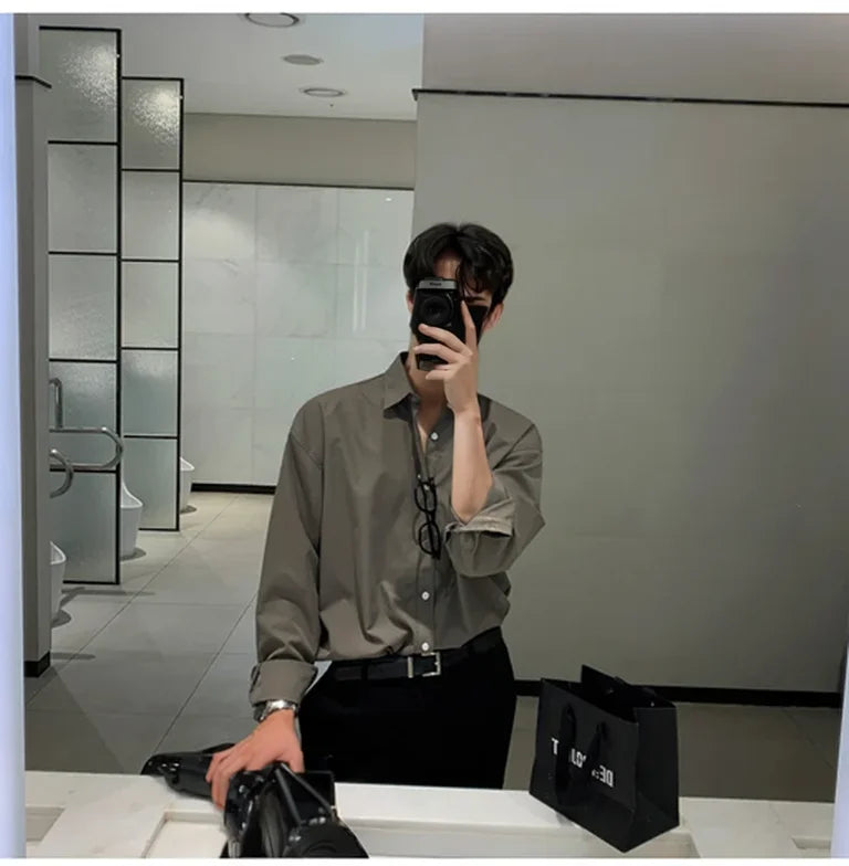 100% Polyester Loose Style Men Shirt Long Sleeve High-end Gray Light-ready Western Suit Innerwear Oversize Trendy
