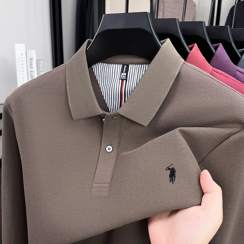 100% pure cotton high-end brand men's long sleeved polo shirt autumn fashion new luxurious pony Paul embroidery top golf T-shirt
