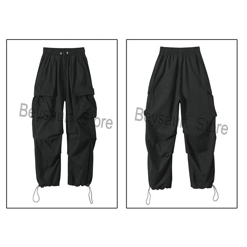 Streetwear 2024 Spring Harem Casual Pants Men Elastic Waist Solid Color Cargo Pants Multi Pocket Loose Baggy Pants For Women