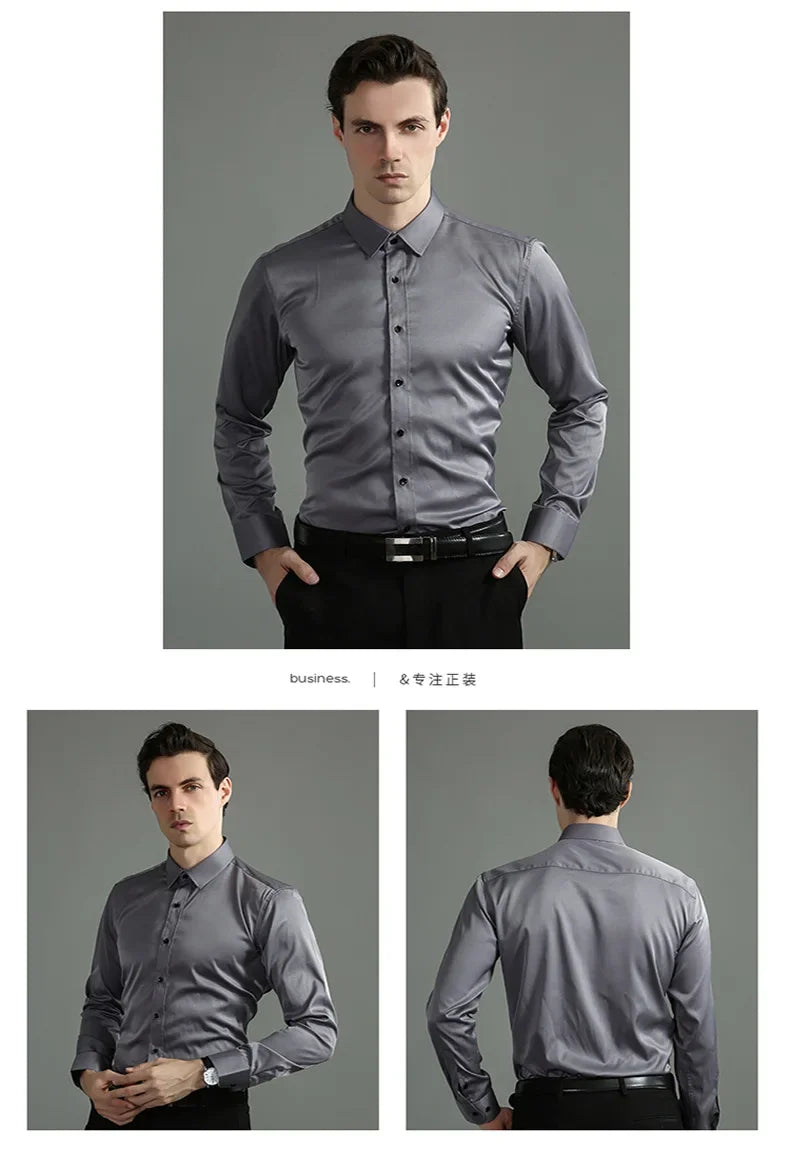 Non-iron, four-way stretch men's long sleeve shirt, silky foreign trade, cross-border amazon, euro men's tops, shirts