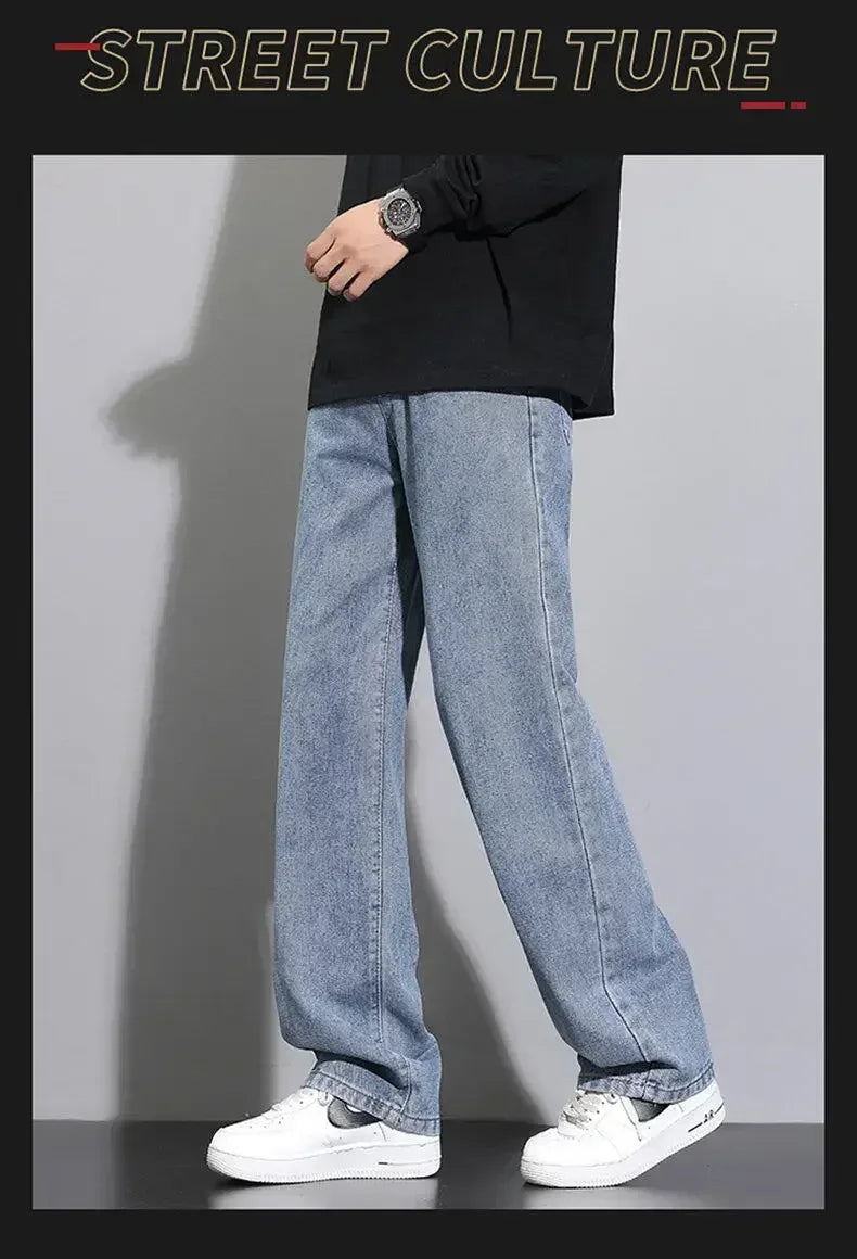 2025 New Korean Men Casual Long Straight Jeans Wide Leg Denim Pants Solid Color Light Blue Grey Black