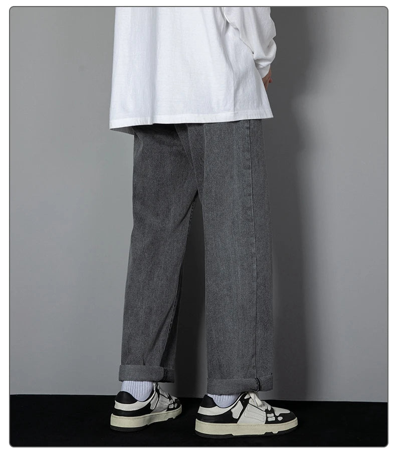 2025 New Korean Men Casual Long Straight Jeans Wide Leg Denim Pants Solid Color Light Blue Grey Black