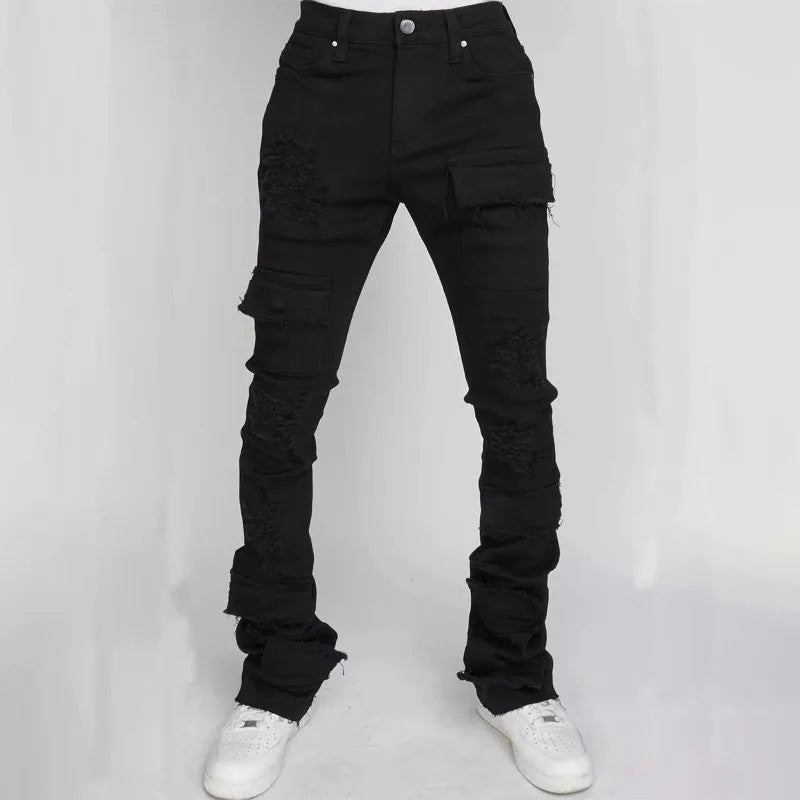 Men's Denim Pants Fashion High Street Jeans Zipper Fly American Straight Full Length Slight Strech Ripped Hole Stonewashed Jeans