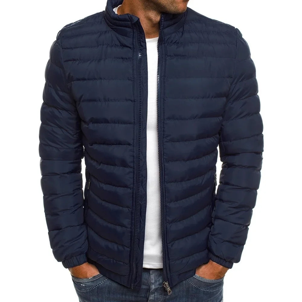 2025 new thick men's warm casual men's jacket solid color stand collar men's winter multi color windproof cotton down jacket