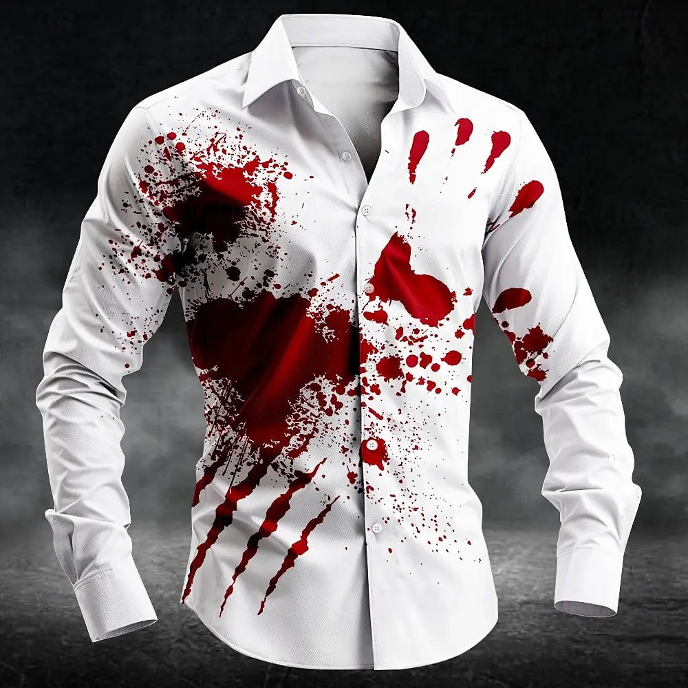 2025 Halloween Men's Letter Printed Blood Stains Shirt Button Up Shirt Long Sleeve Dark Punk Gothic Style Streetwear Men's Tops