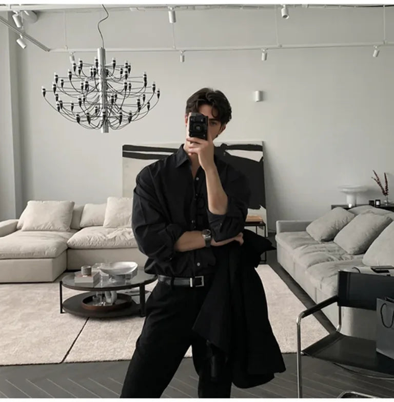 100% Polyester Loose Style Men Shirt Long Sleeve High-end Gray Light-ready Western Suit Innerwear Oversize Trendy