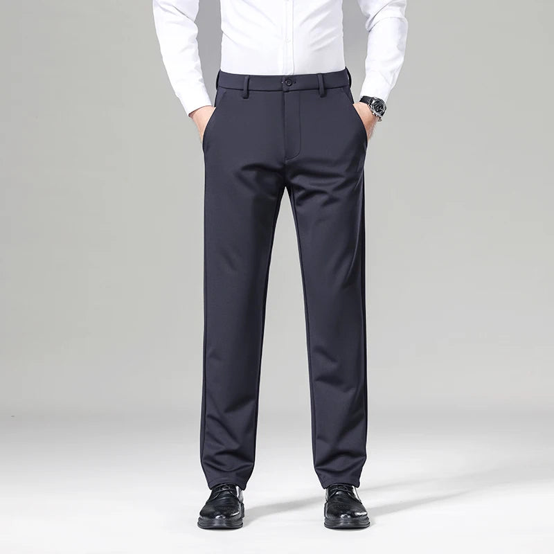 OUSSYU Brand Winter Men's Stretch Pants Business Work Formal Classic Solid Color Loose Straight Grey Trousers Men Plus Size 40