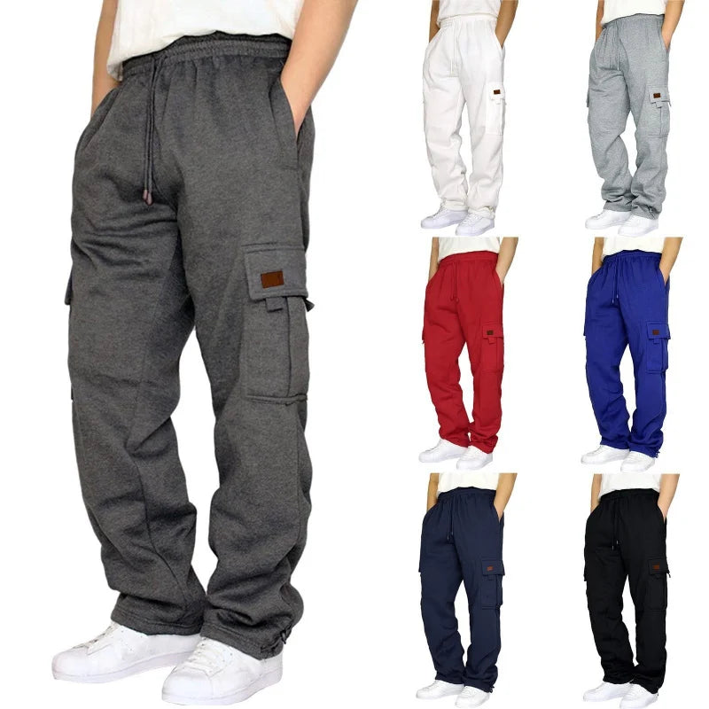 Cross-Border Trade Hot-Selling Men's Casual Fleece-Lined Jogger Pants with Multiple Pockets and Drawstring Loose Workwear Trouse