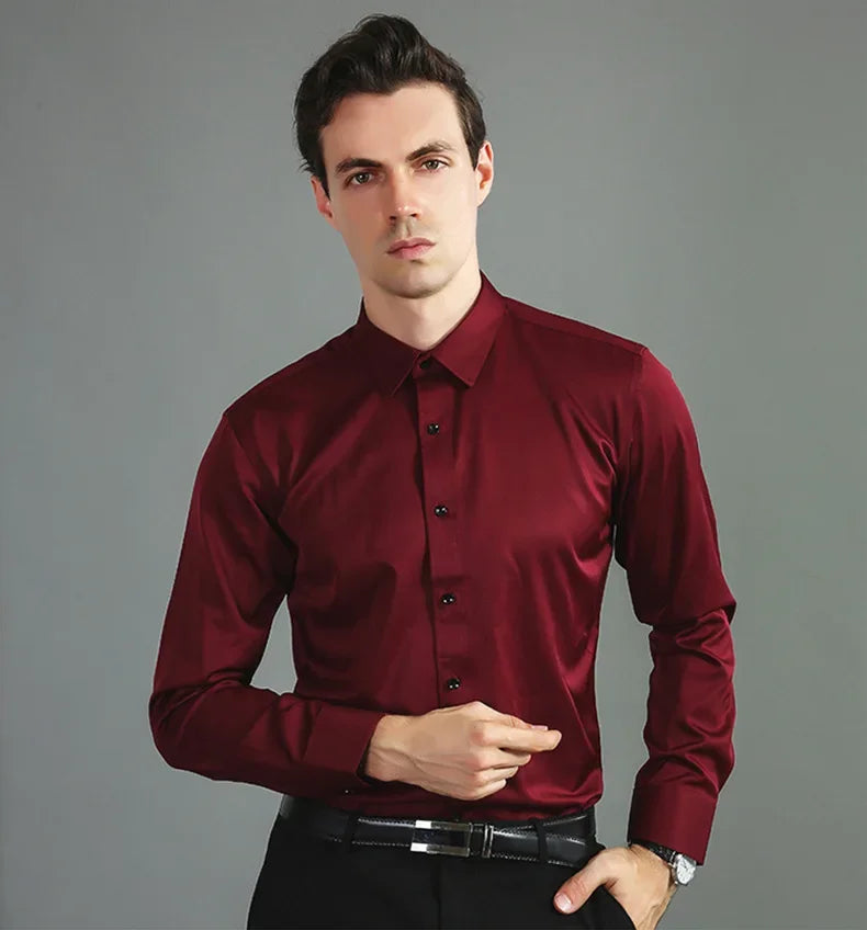 Non-iron, four-way stretch men's long sleeve shirt, silky foreign trade, cross-border amazon, euro men's tops, shirts