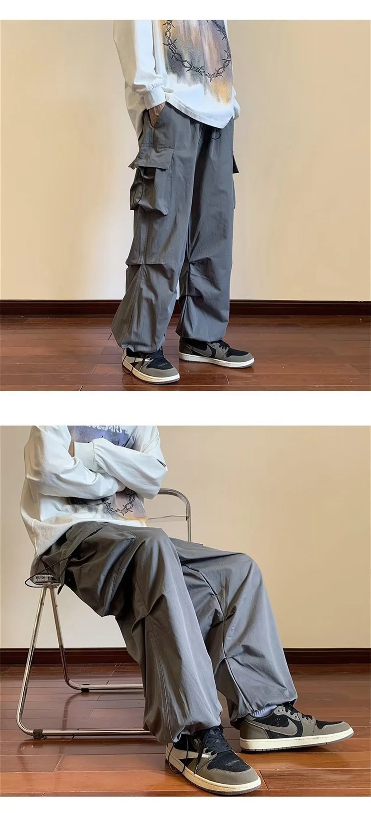 Streetwear 2024 Spring Harem Casual Pants Men Elastic Waist Solid Color Cargo Pants Multi Pocket Loose Baggy Pants For Women