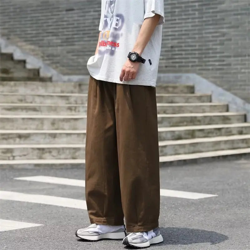 Loose Straight Leg Coffee Color Men's Casual Pants Pure Color Wide Leg Versatile Workwear Trousers Autumn Season Faionable