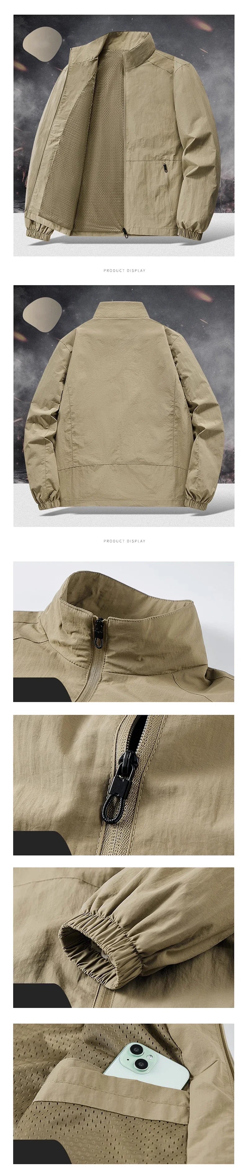 Men's Jacket Full Zip Up Work Jackets Stand Collar Casual Windbreaker Lightweight Long Sleeve Coats Outdoor Zip Up Streetwear