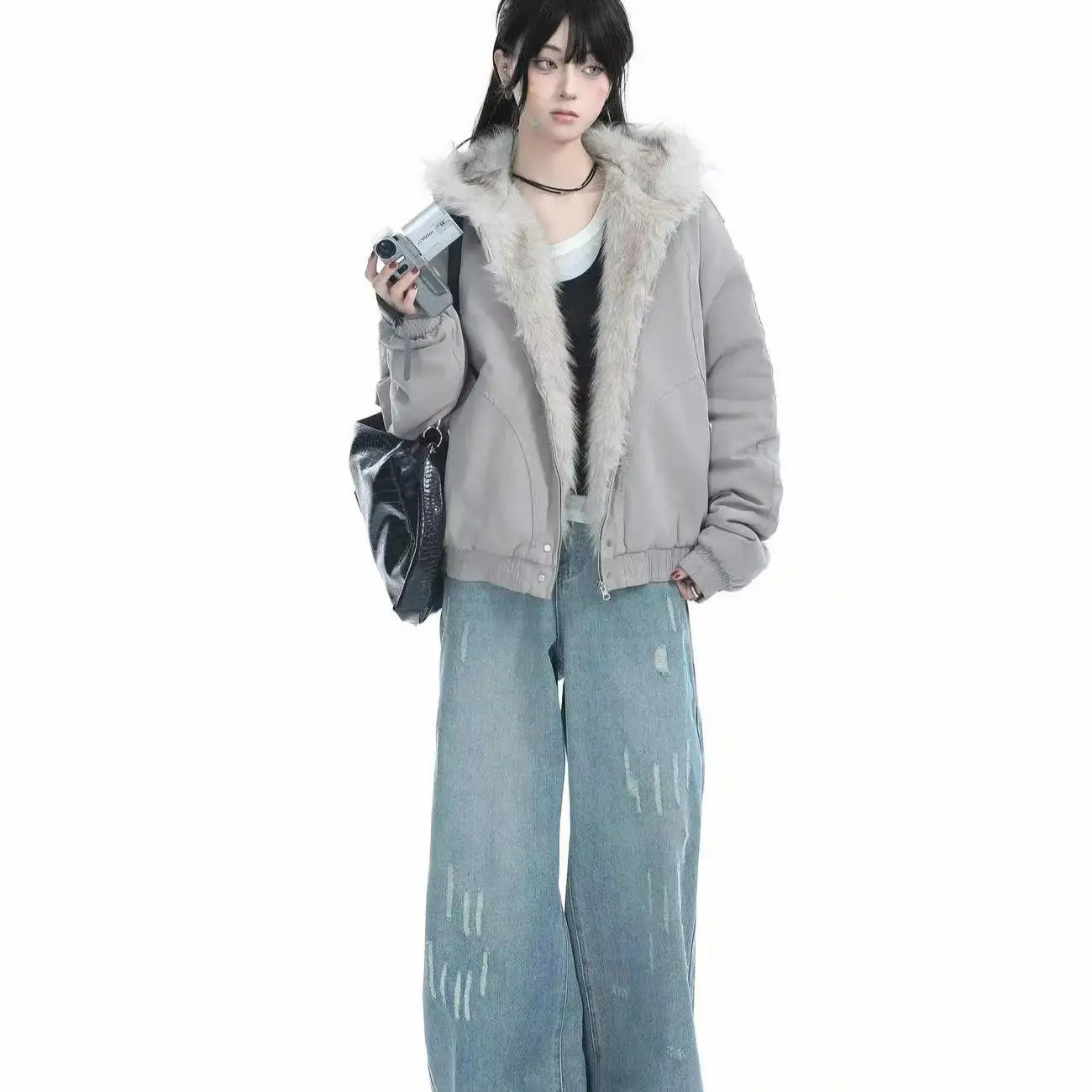 American Harajuku Warm Jacket Mens and Womens Retro Simple Plush Jacket with New Loose Leather Motorcycle Punk Fur Collar Jacket