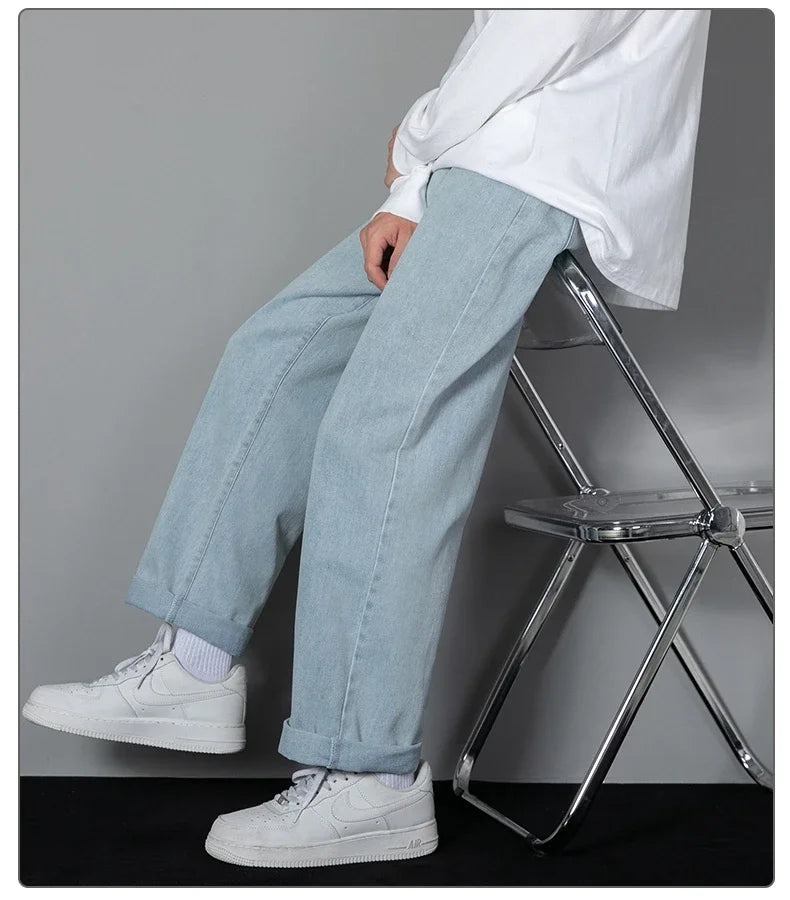 2025 New Korean Men Casual Long Straight Jeans Wide Leg Denim Pants Solid Color Light Blue Grey Black