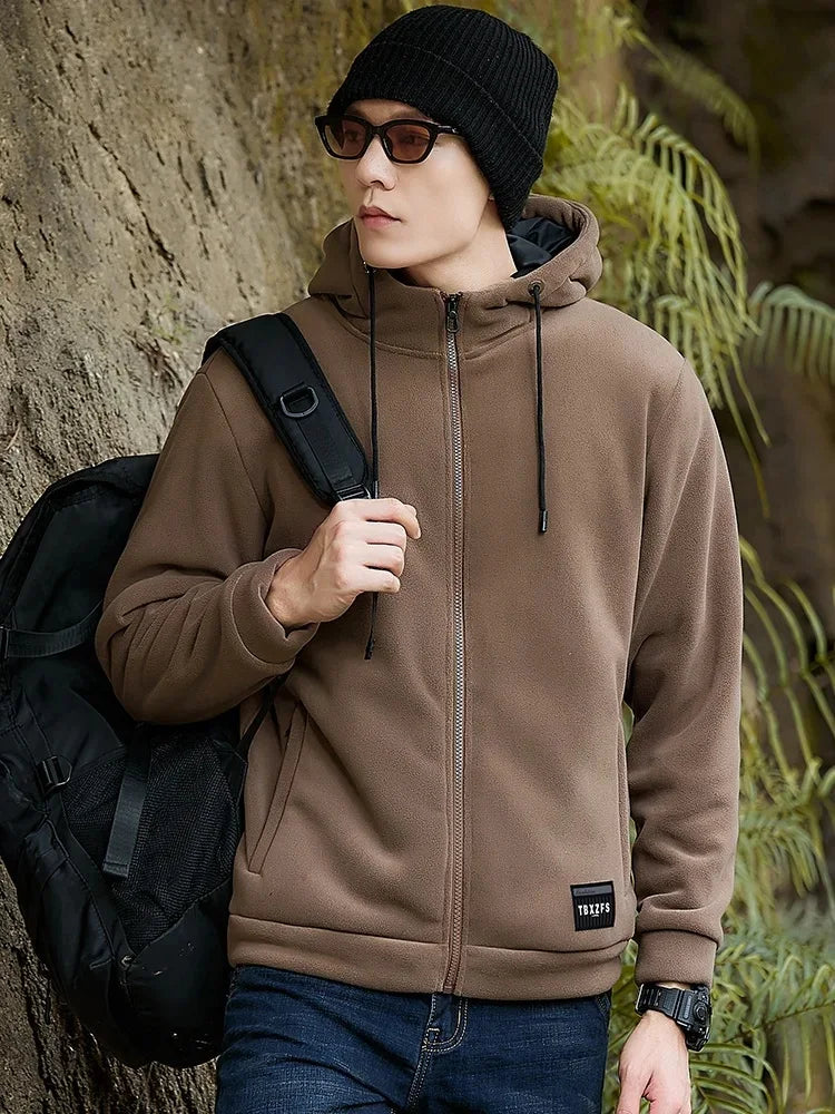 Men's Winter Fleece Jacket with Zip Pockets Classic Style Windproof Thickened Warm Hoody Coat Plus Size 6XL 7XL 8XL