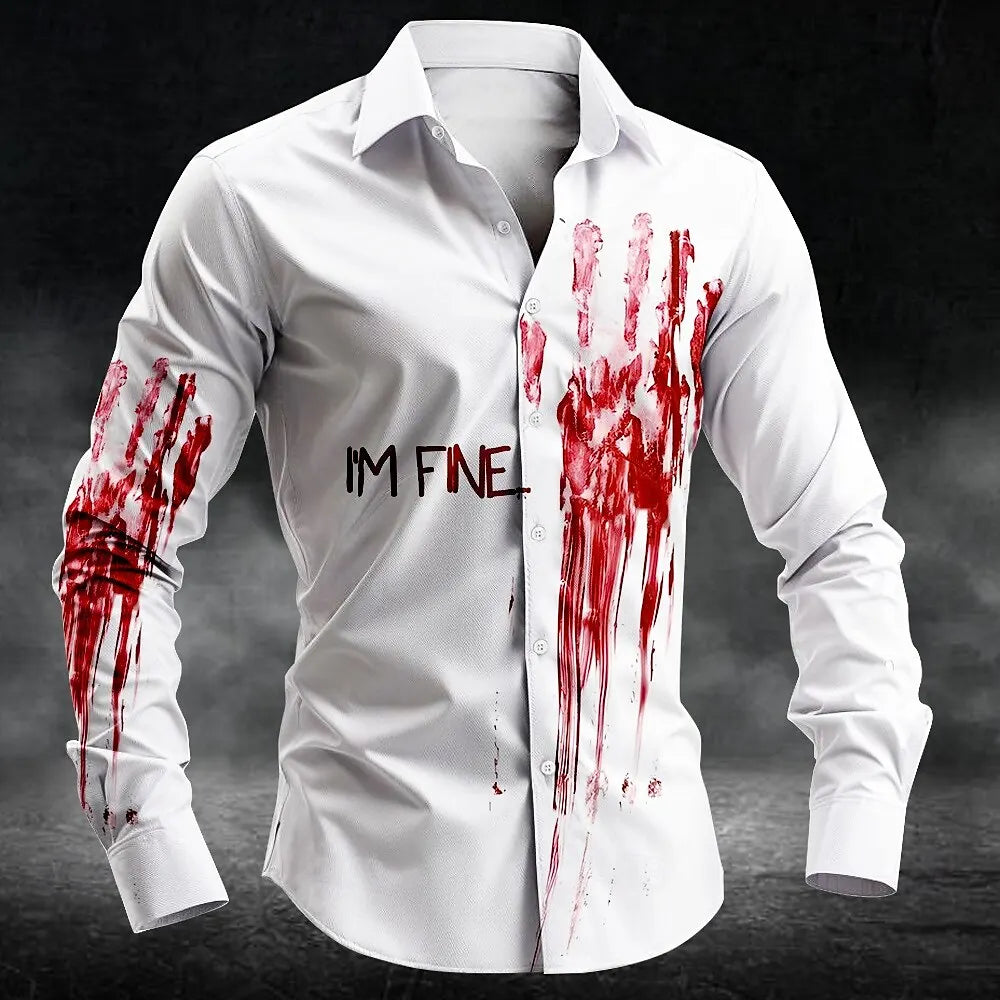 2025 Halloween Men's Letter Printed Blood Stains Shirt Button Up Shirt Long Sleeve Dark Punk Gothic Style Streetwear Men's Tops