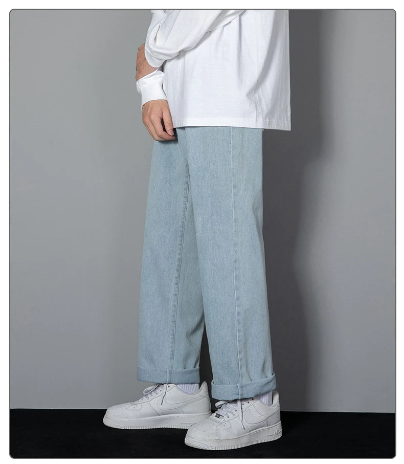 2025 New Korean Men Casual Long Straight Jeans Wide Leg Denim Pants Solid Color Light Blue Grey Black