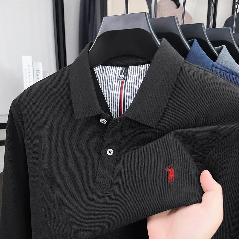 100% pure cotton high-end brand men's long sleeved polo shirt autumn fashion new luxurious pony Paul embroidery top golf T-shirt