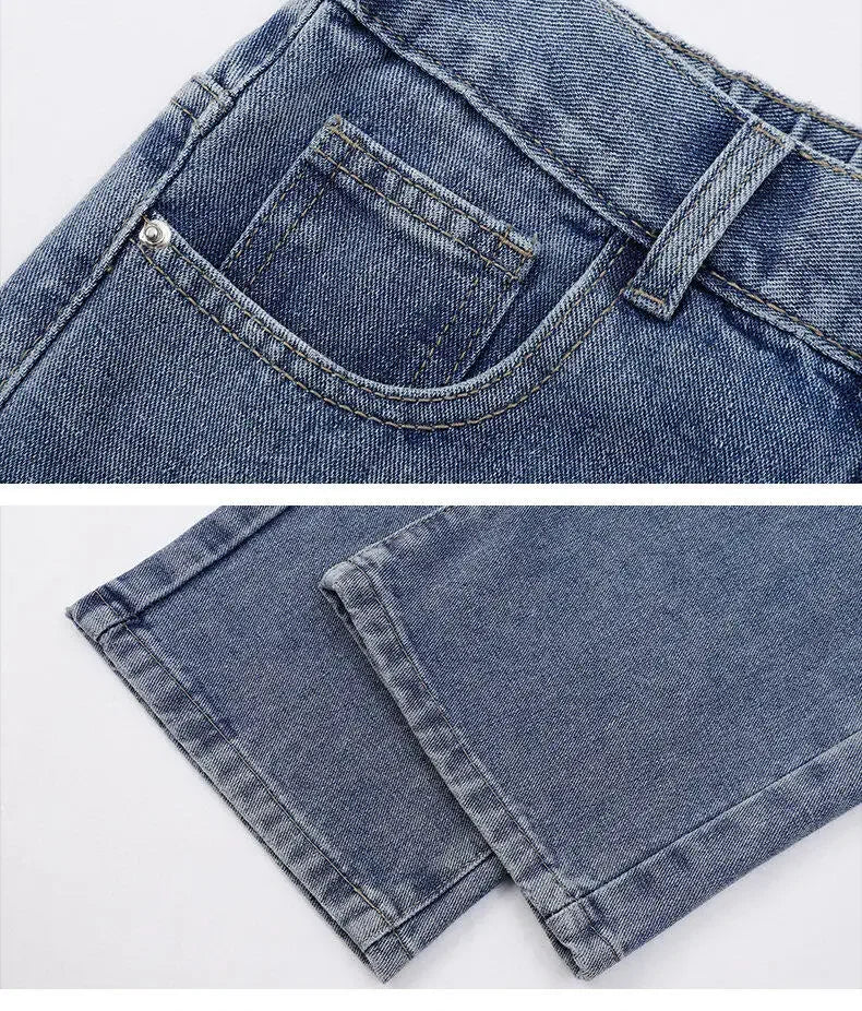 2025 New Korean Men Casual Long Straight Jeans Wide Leg Denim Pants Solid Color Light Blue Grey Black